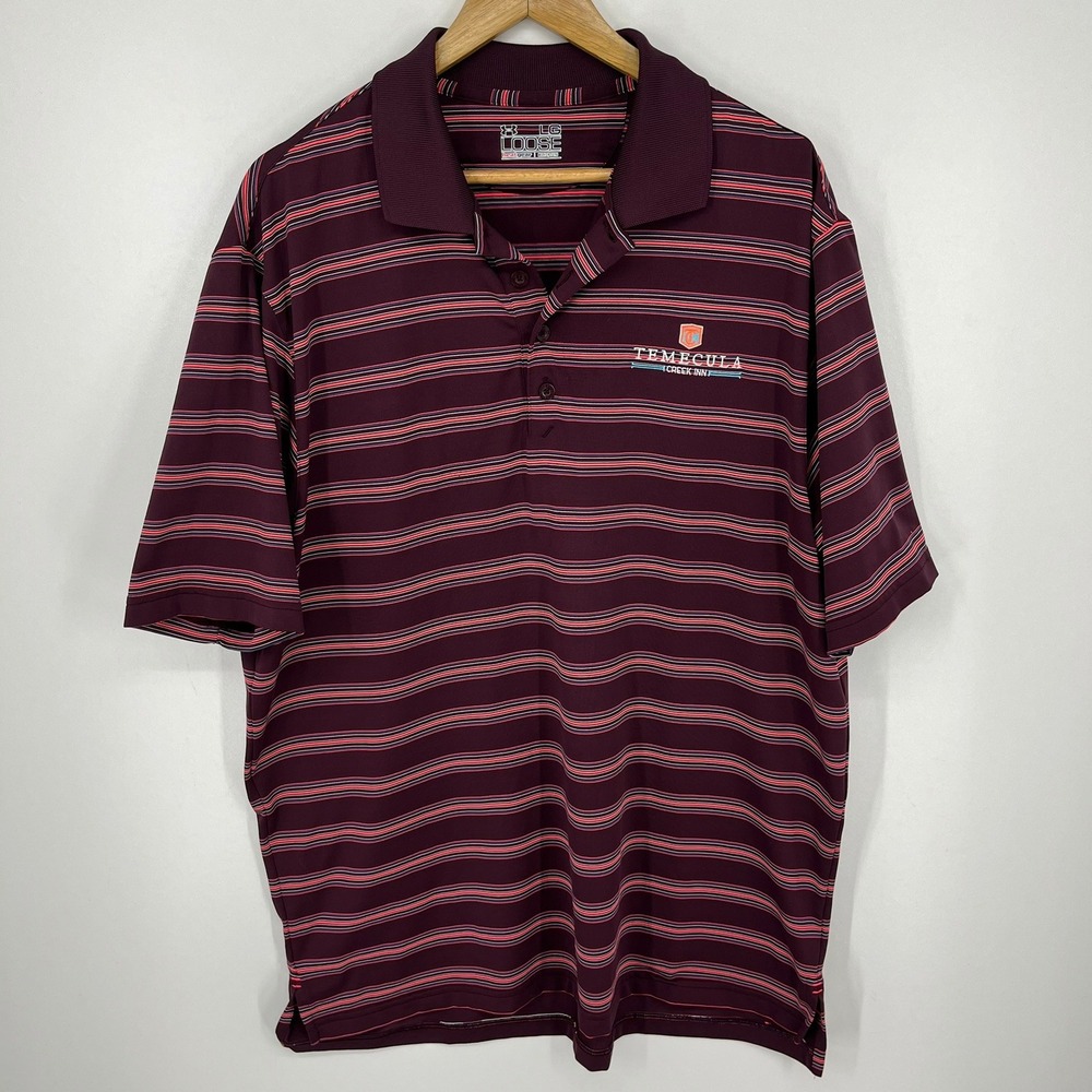 Under Armour Mens Heat Gear Polo Shirt Large Maroon Striped Temecula Creek Inn